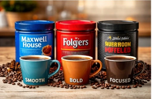 Maxwell House vs Folgers Coffee vs Spiritual Mined Mushroom Coffee
